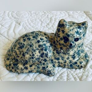 Vintage Decoupage Blue Floral Ceramic Cat Figurine Chalkwear 1960’s - 1970’s